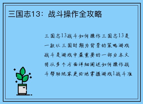 三国志13：战斗操作全攻略
